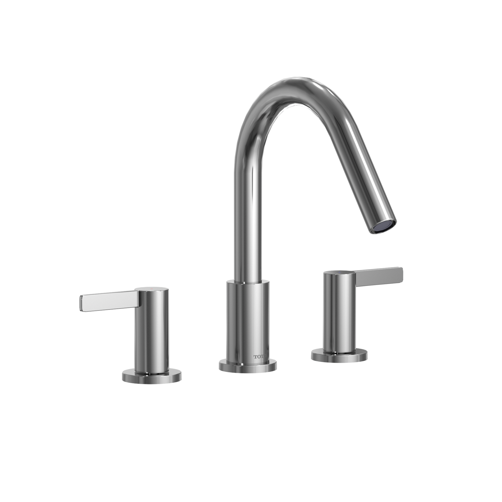 Polished chrome three-piece roman tub filler with curved central spout and two flat lever handles on either side.