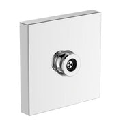 Polished chrome square body spray with circular spray head and multiple outlet holes mounted on white rectangular escutcheon 