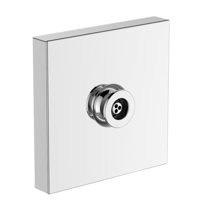 Polished chrome square body spray with circular spray head and multiple outlet holes mounted on white rectangular escutcheon 