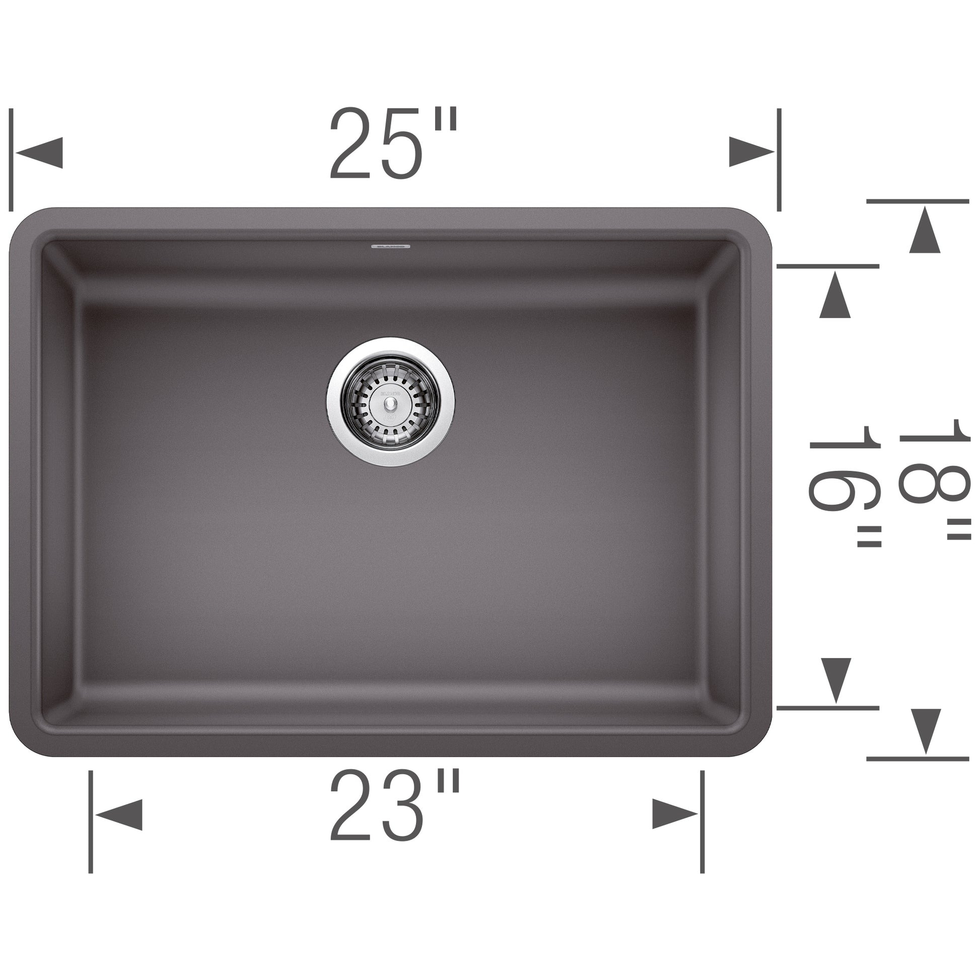 Cinder-colored single undermount kitchen sink with rounded corners and centered drain, measuring 25" width by 23" interior wi