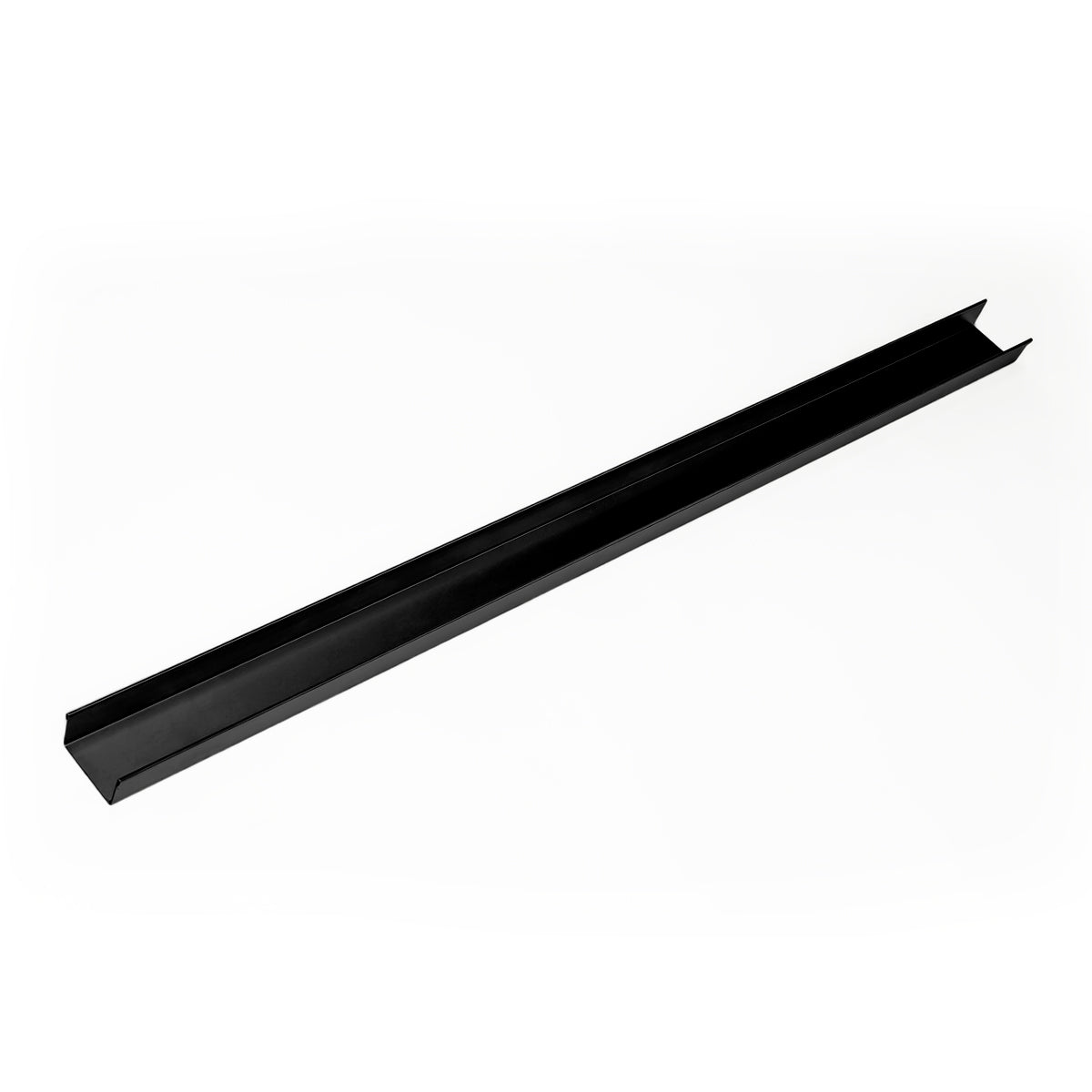 Matte black linear drain channel with angled edges and open top, approximately 48 inches long.