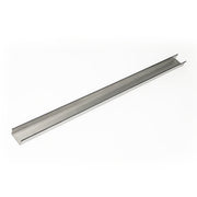 Polished stainless steel linear drain channel with angled sides and recessed center groove.
