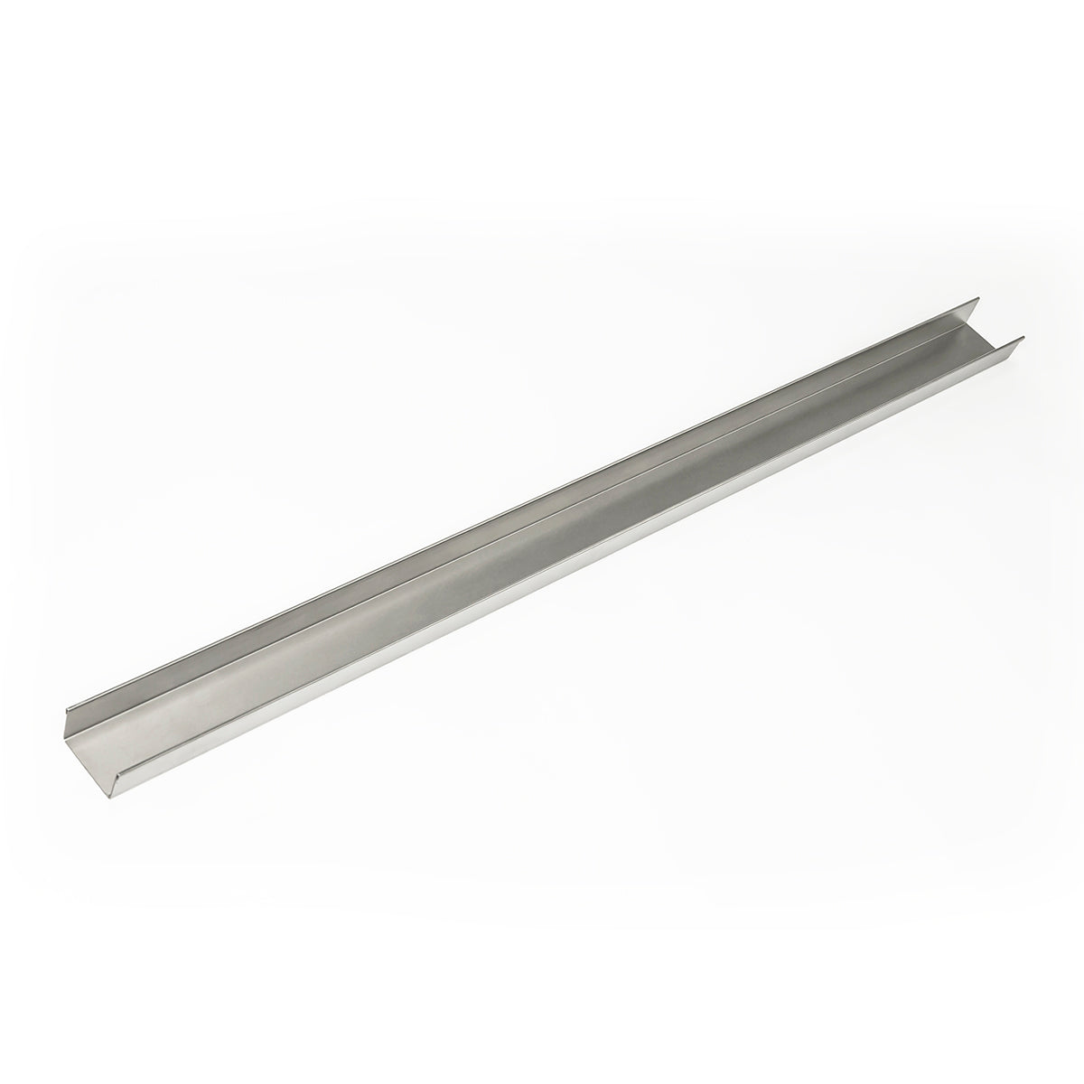 Satin stainless steel open-ended channel drain, 96 inches long, with raised edges.
