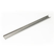 Satin stainless steel linear drain channel with angled sides and central trough, approximately 48 inches long.