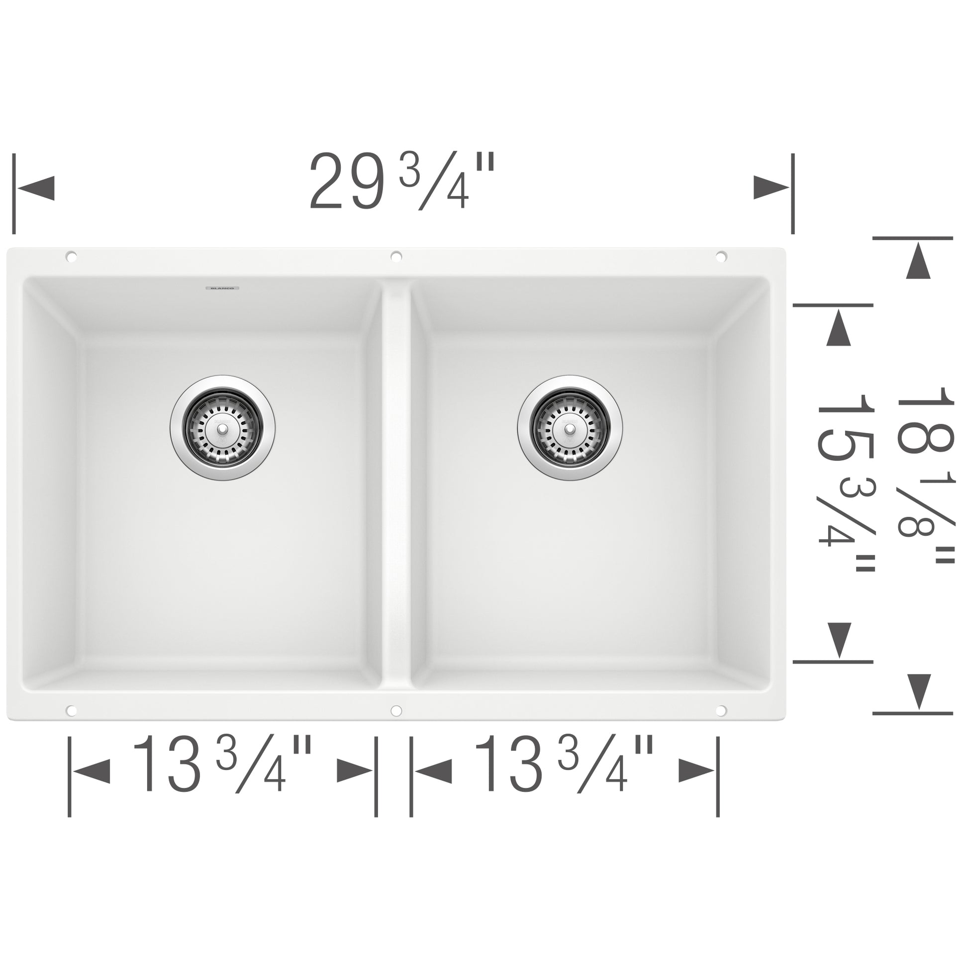 White double bowl undermount sink with two equal compartments and strainer drains, dimensions shown.