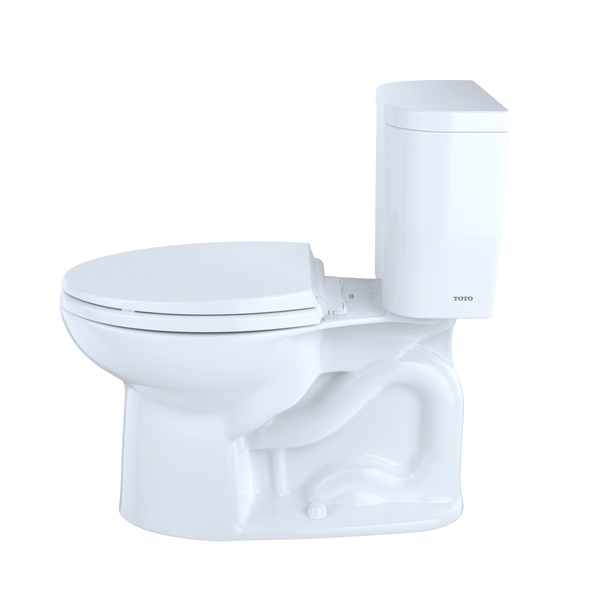 Two-piece elongated toilet in white with closed lid and separate tank, without seat.