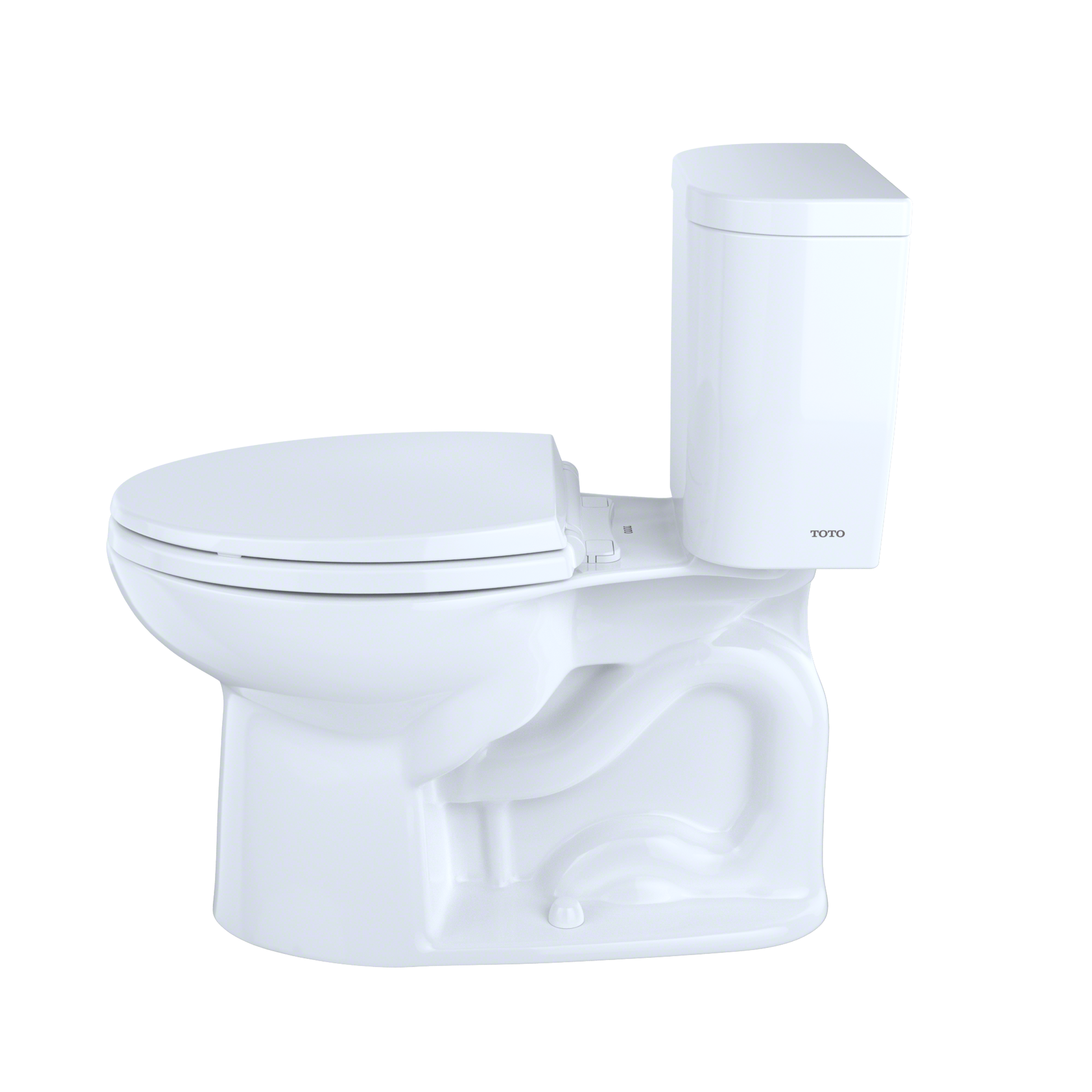 White two-piece elongated toilet with closed seat lid and separate tank, shown from angled front view.