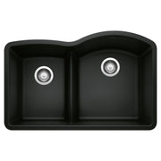 Coal black double bowl kitchen sink with low divide and chrome drain strainers.