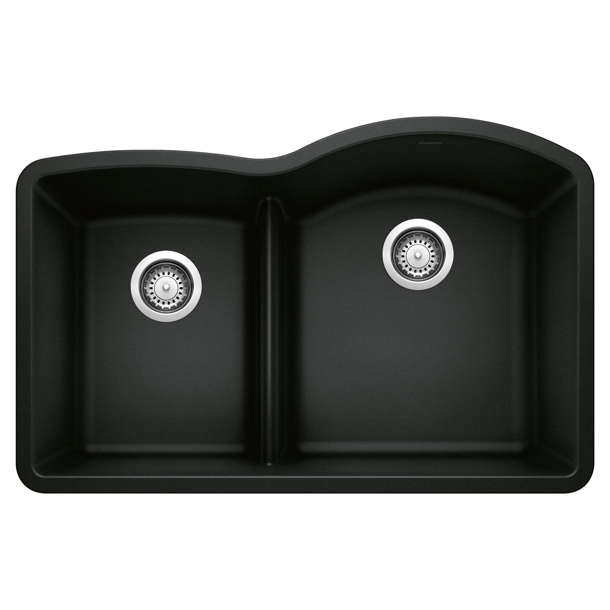 Coal black double bowl kitchen sink with low divide and chrome drain strainers.