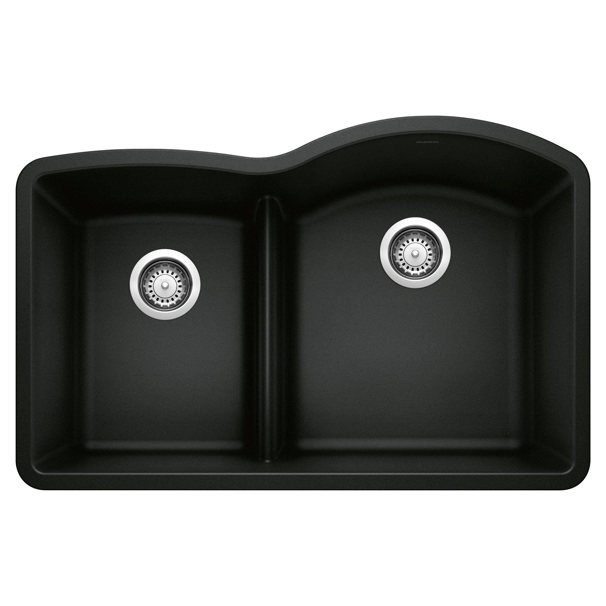 Coal black double bowl kitchen sink with low divide and chrome drain strainers.