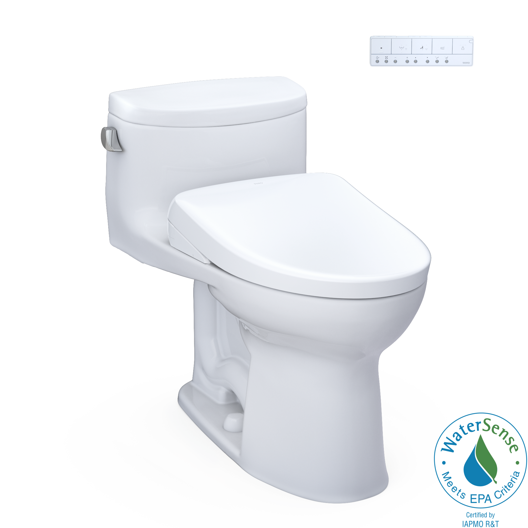 Toto Supreme II One Piece Elongated Universal Height Toilet with CEFIONTECT 1.28 GPF with Contemporary Washlet+ S7 Bidet Seat in Cotton White