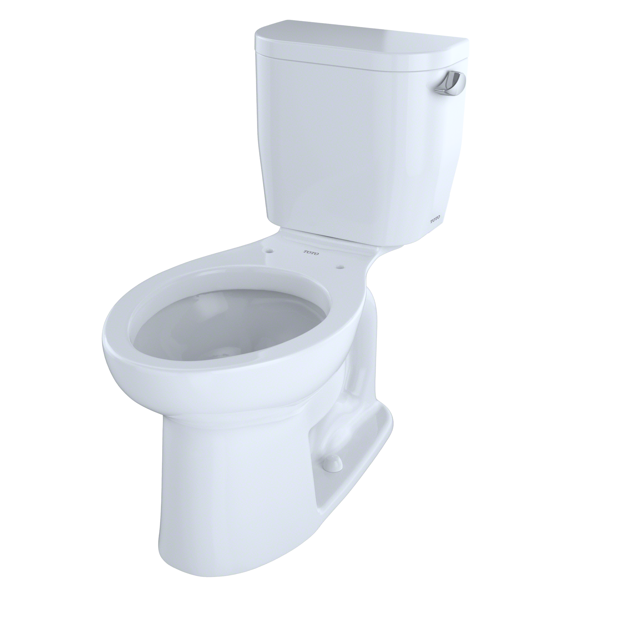 White two-piece elongated toilet with tank, bowl, and right-hand flush lever.