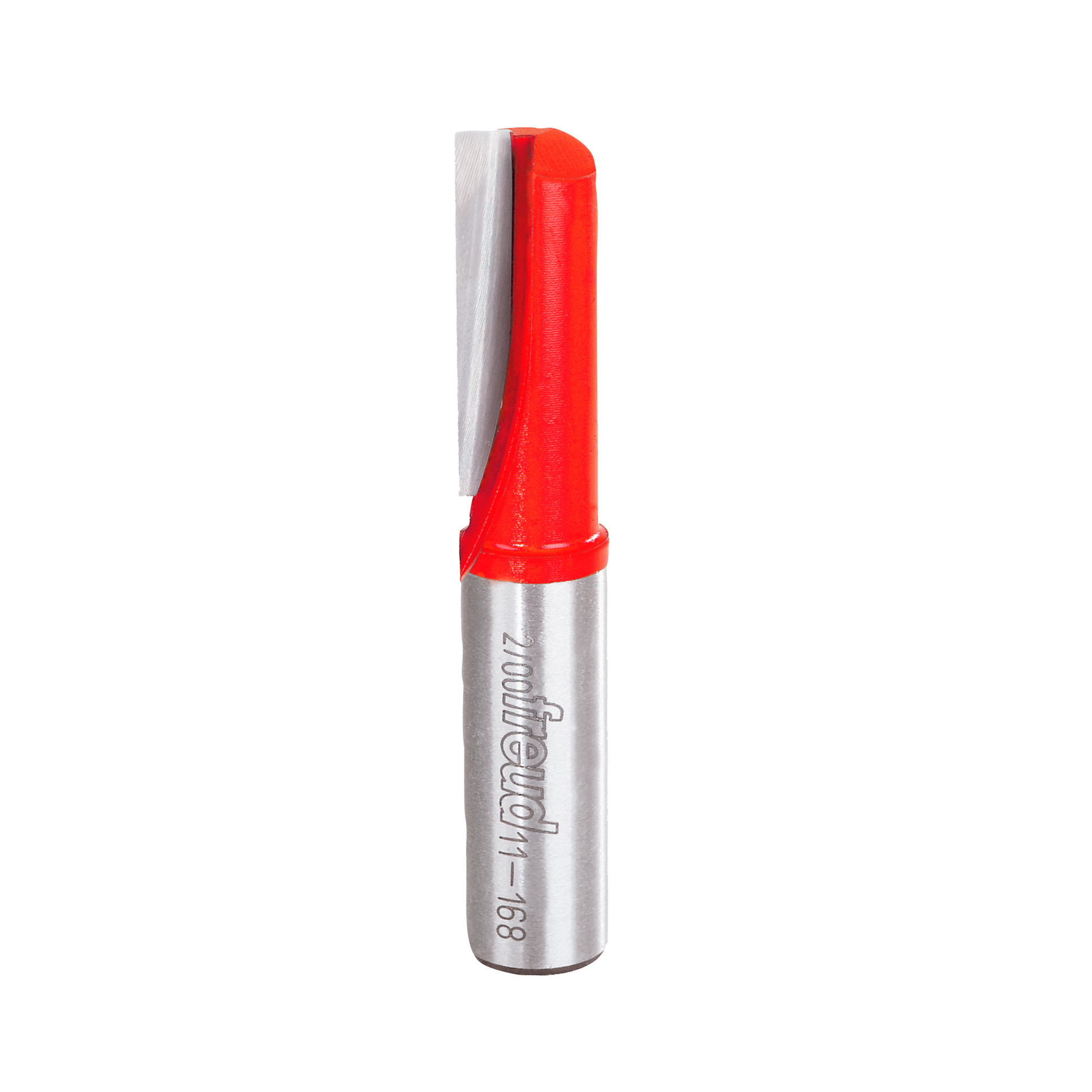 Freud straight router bit with red upper section and silver metal shaft, labeled on side.
