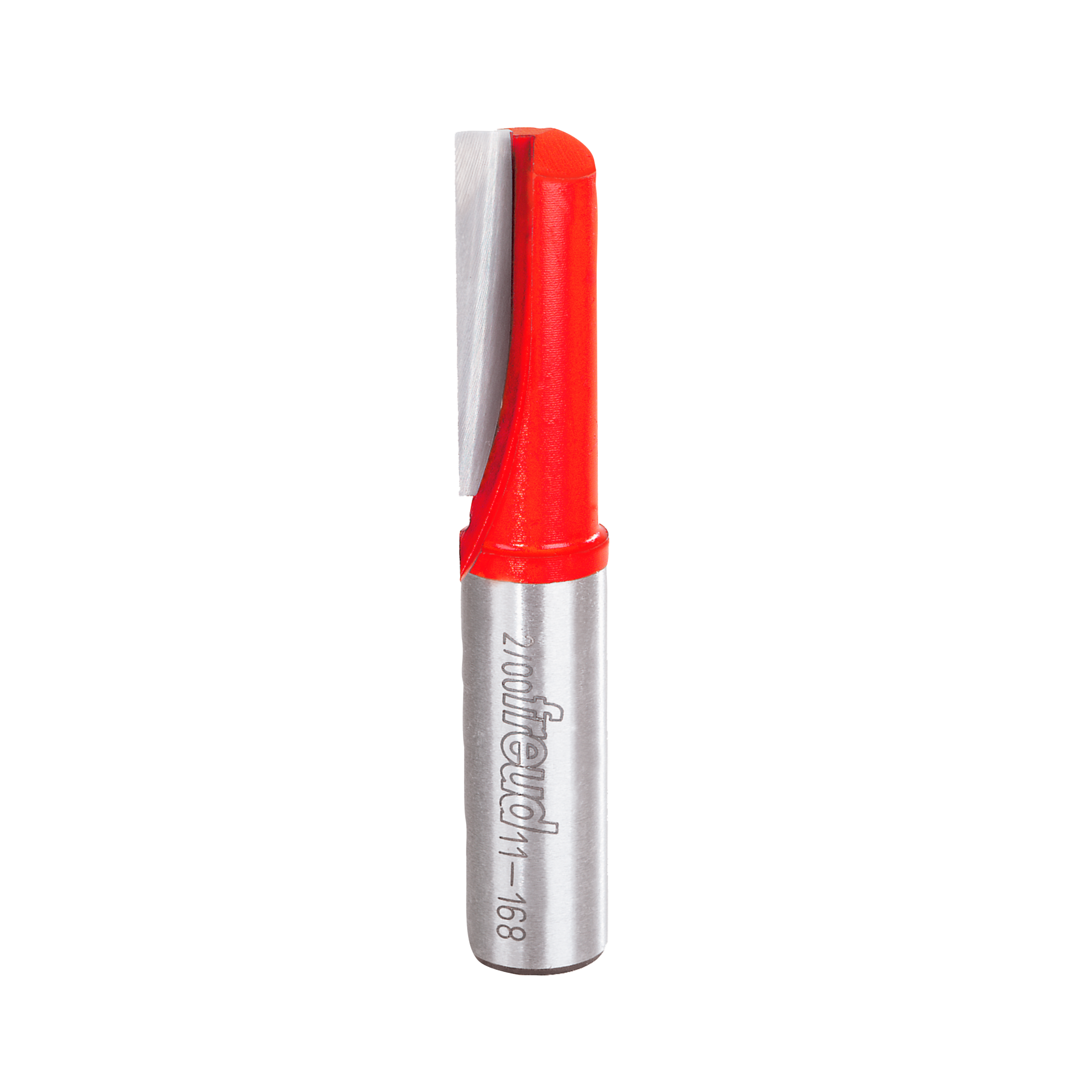 Freud straight router bit with red upper section and silver metal shaft, labeled on side.