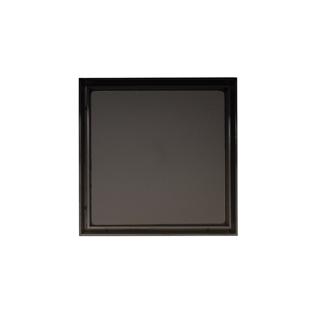 Square oil rubbed bronze drain cover with recessed center opening and flat frame border.