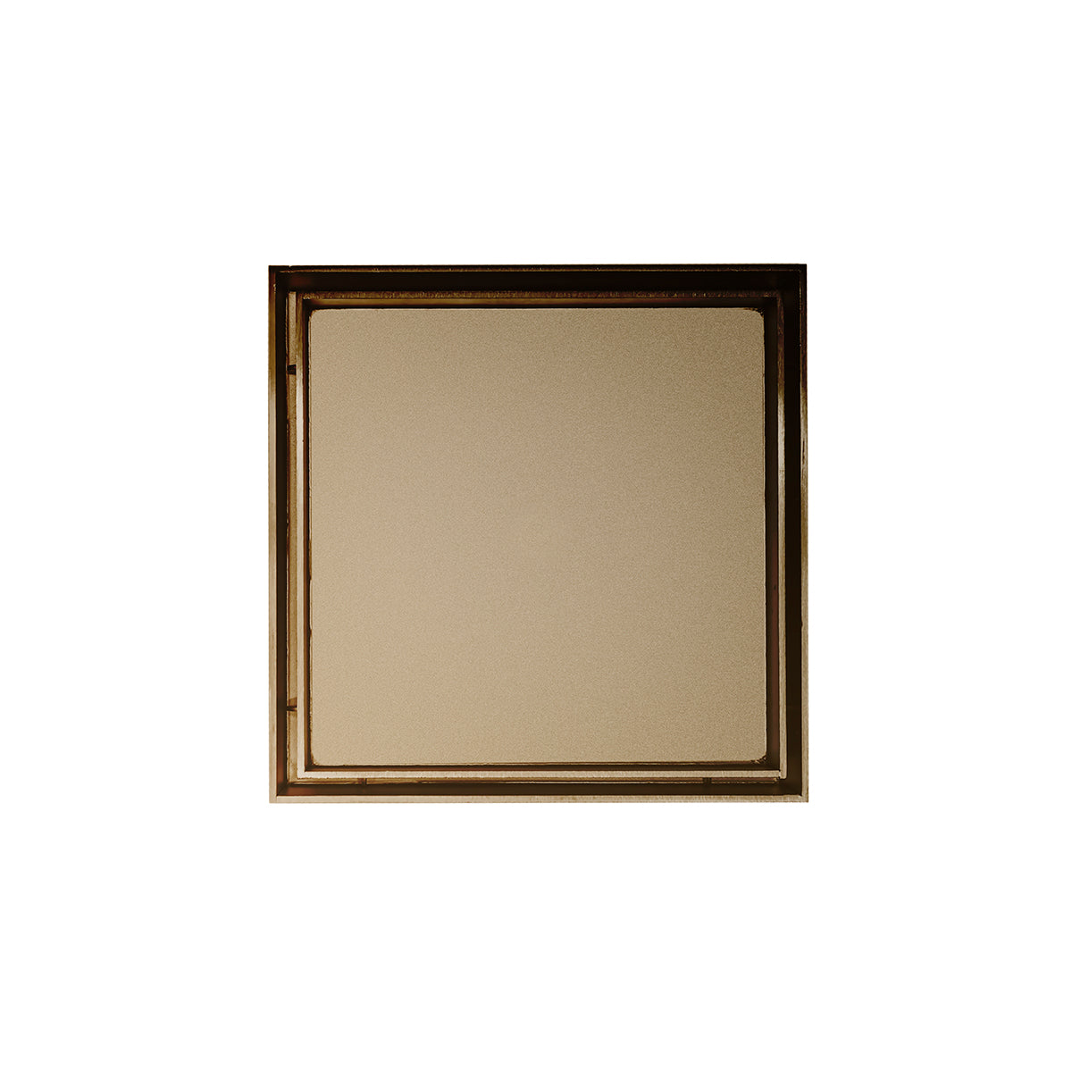 Square satin bronze drain grate with centered drain opening and recessed beige insert panel.