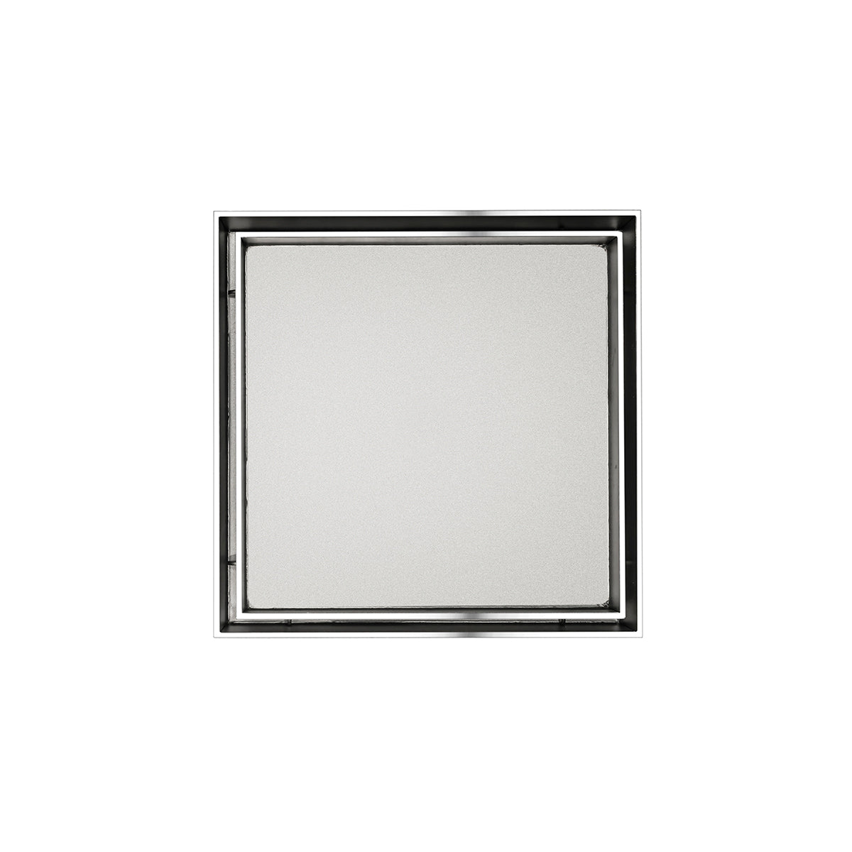 Square polished stainless steel center drain with black frame and gray surface panel.