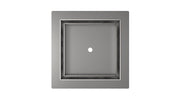 Polished stainless steel square drain cover with centered drain opening and recessed frame design.