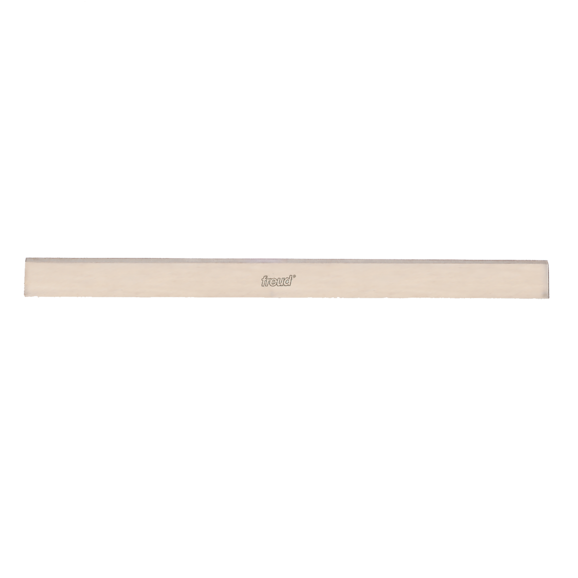 Silver-gray Freud planer knife with "freud" branding, rectangular shape with beveled edges.
