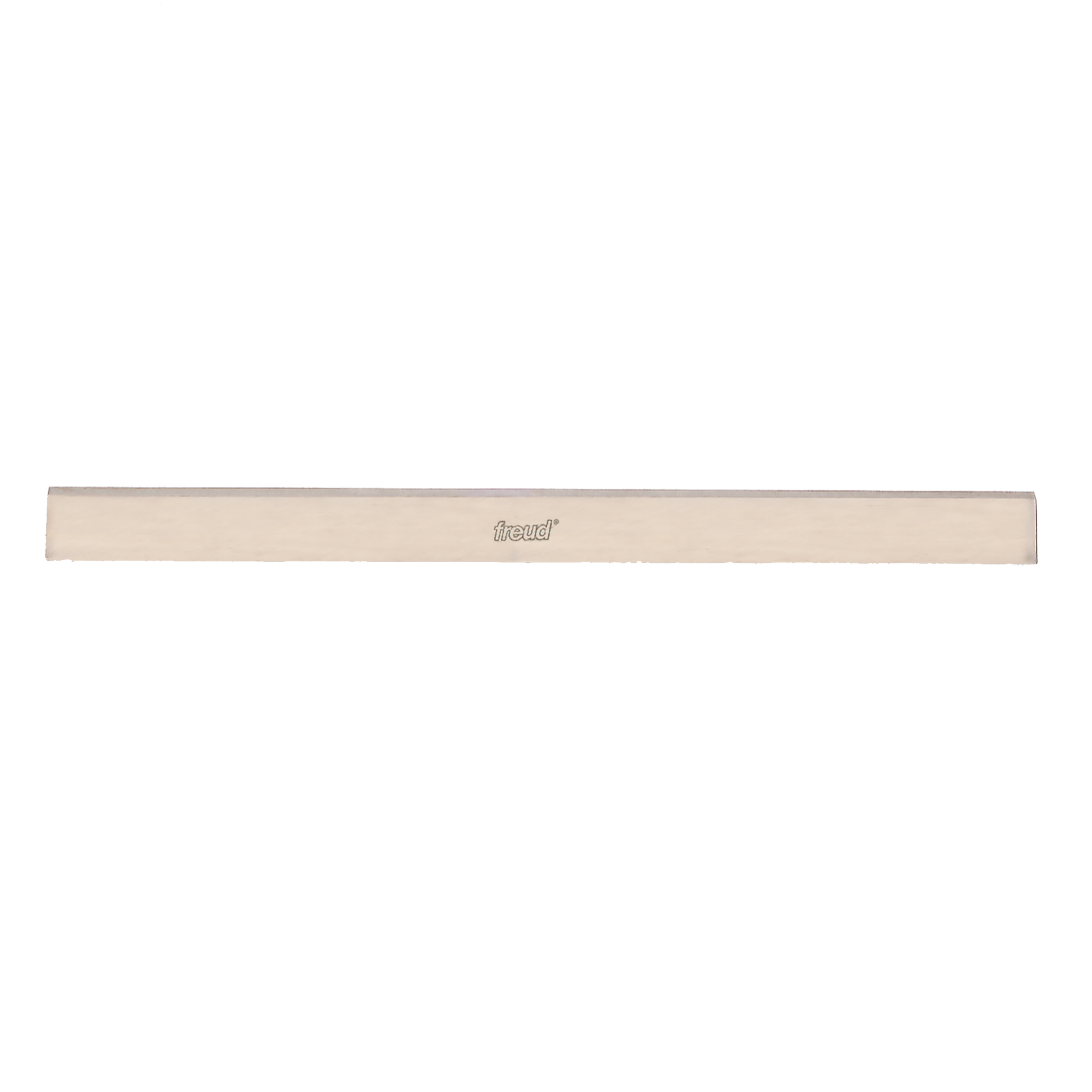 Silver-gray Freud planer knife with "freud" branding, rectangular shape with beveled edges.