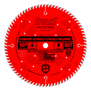 Freud 10" circular saw blade with 80 teeth, red body, gray-tipped teeth, and center arbor hole for plywood and melamine cutti
