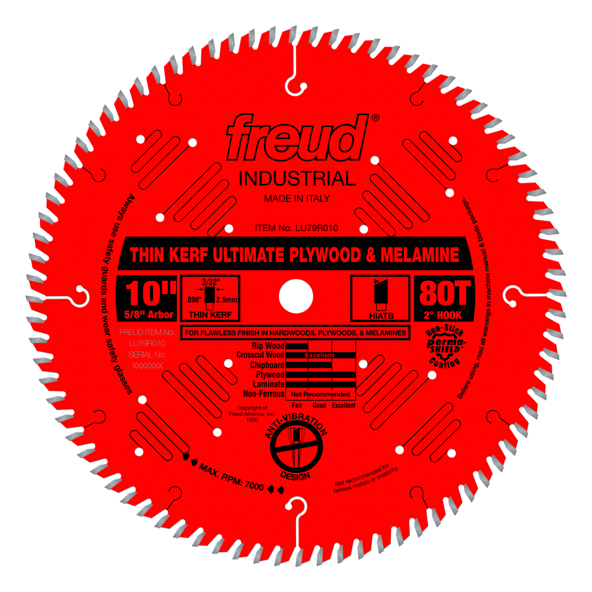 Freud 10" circular saw blade with 80 teeth, red body, gray-tipped teeth, and center arbor hole for plywood and melamine cutti