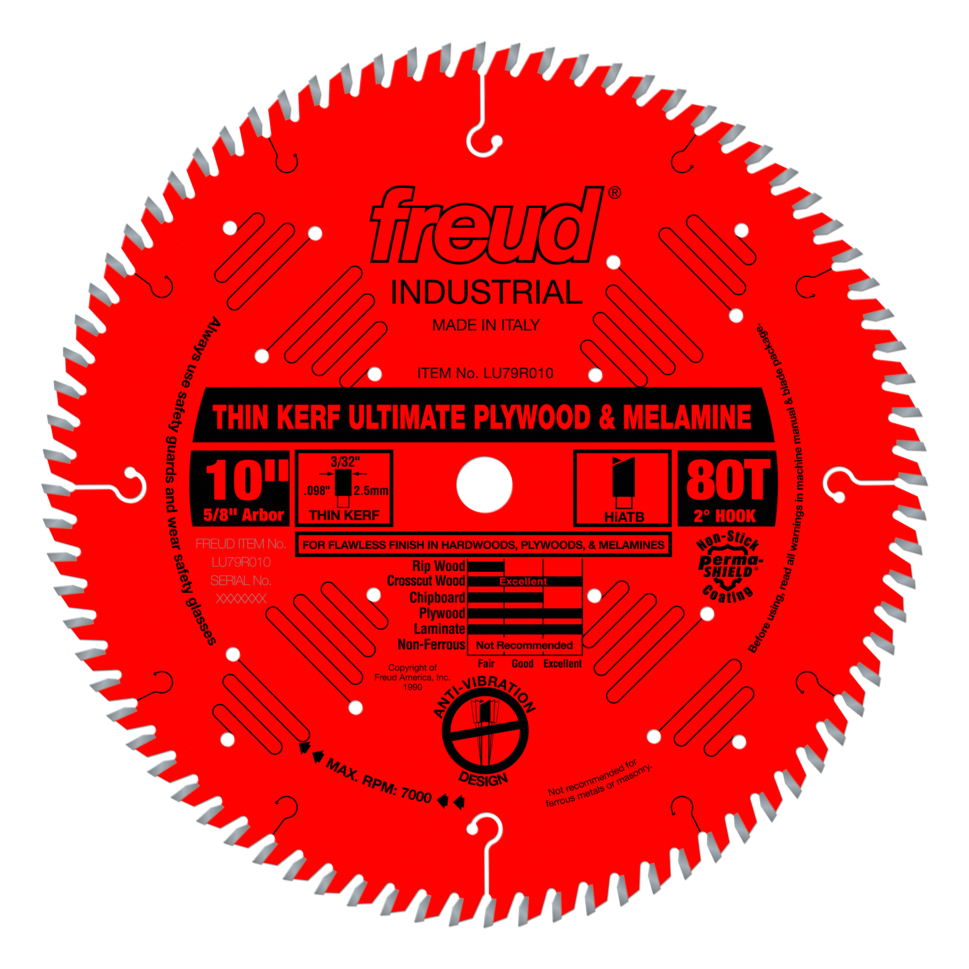 Freud 10" circular saw blade with 80 teeth, red body, gray-tipped teeth, and center arbor hole for plywood and melamine cutti