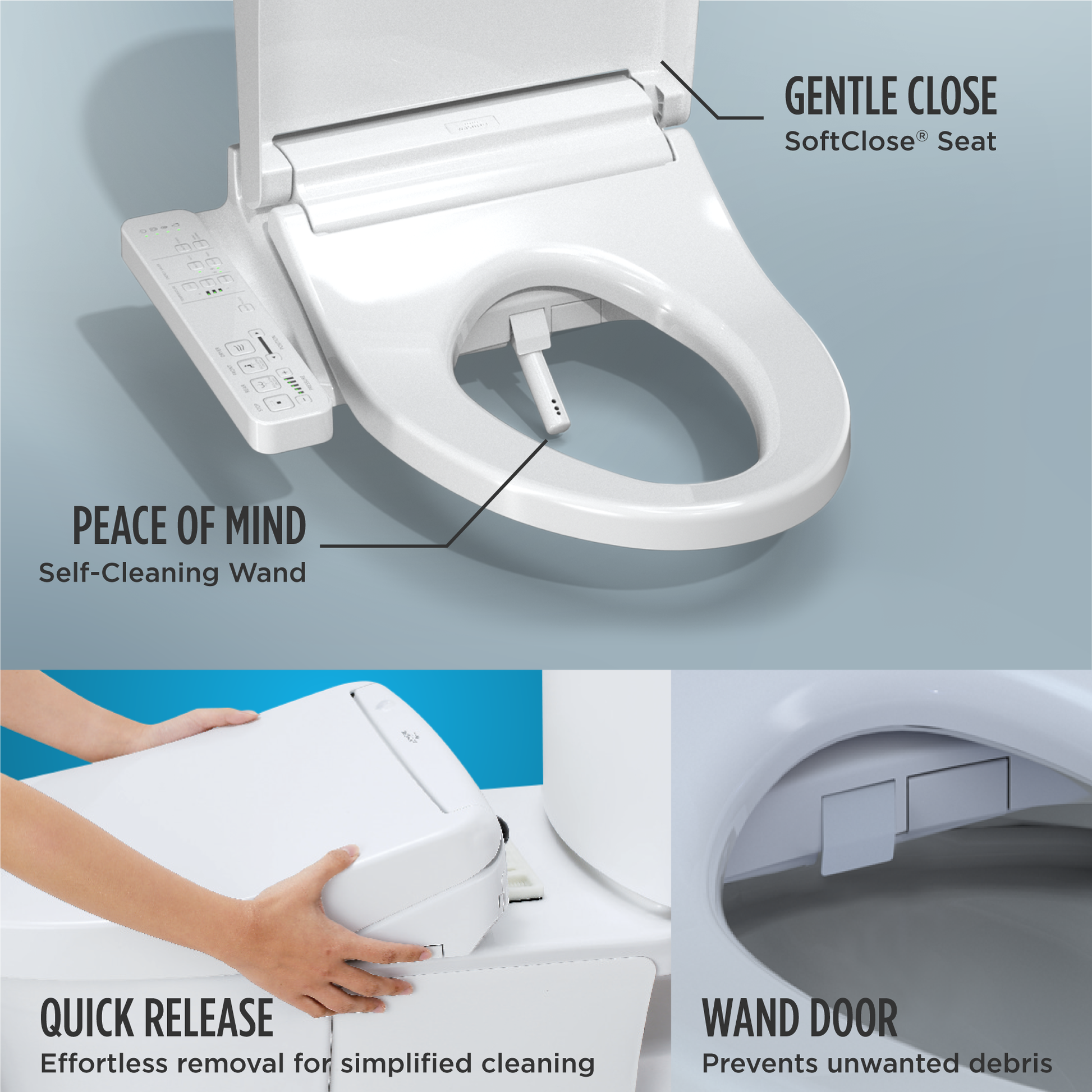 Cotton white elongated bidet seat with attached remote control, soft-close lid, and self-cleaning wand.