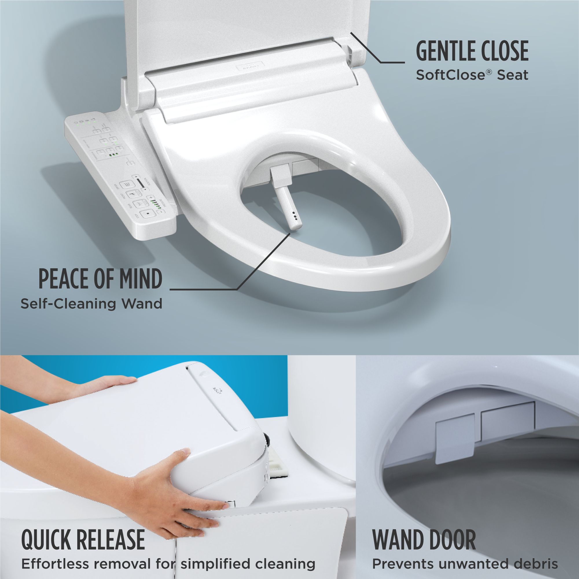 Cotton white elongated bidet seat with attached remote control, soft-close lid, and self-cleaning wand.