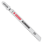 Silver T-shank jig saw blade with fine teeth teeth labeled for aluminum cutting, marked with Diablo branding and HSS material