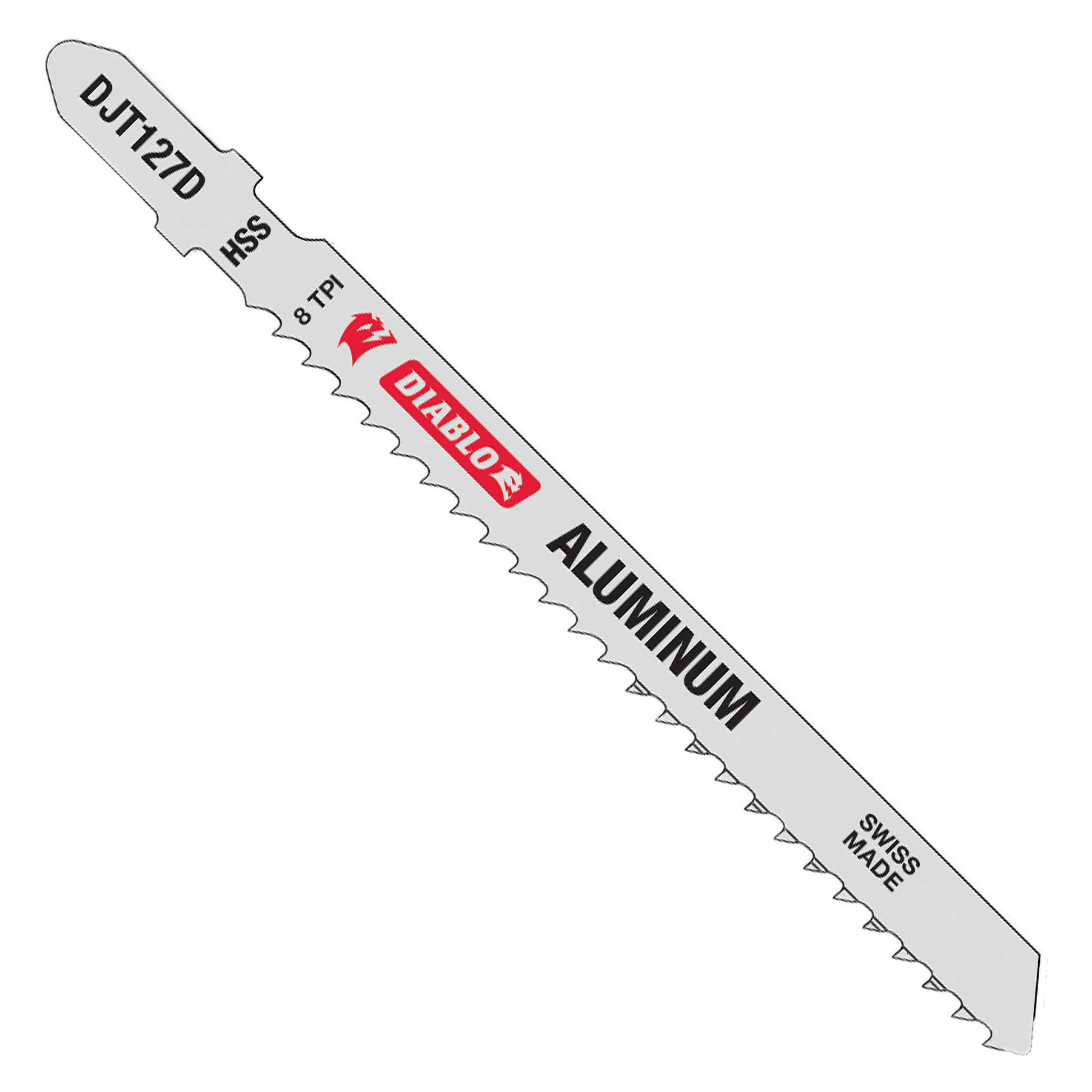Silver T-shank jig saw blade with fine teeth teeth labeled for aluminum cutting, marked with Diablo branding and HSS material