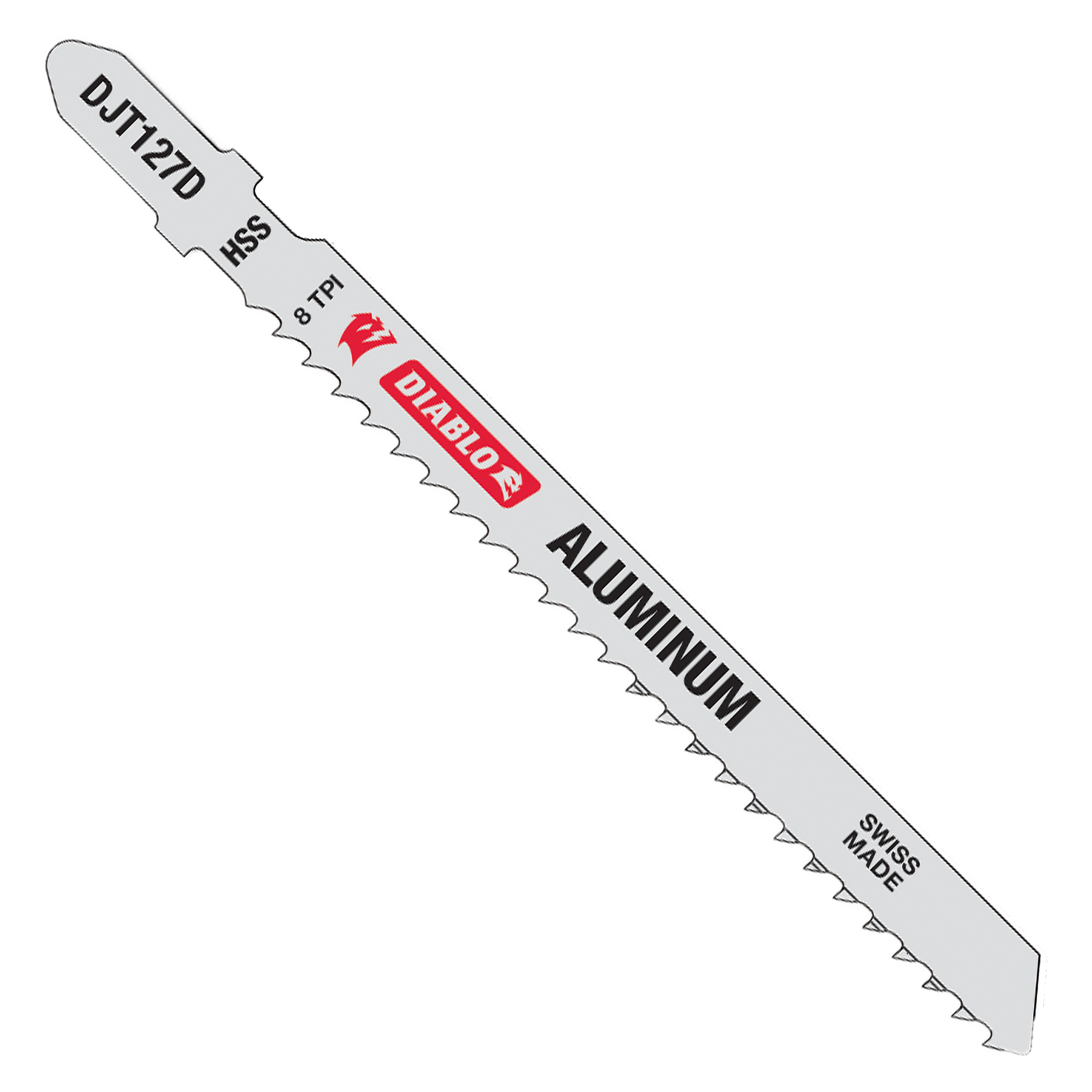 Silver T-shank jig saw blade with fine teeth teeth labeled for aluminum cutting, marked with Diablo branding and HSS material