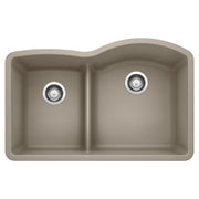 Truffle-colored undermount kitchen sink with two basins, low divider, and chrome drain strainers.