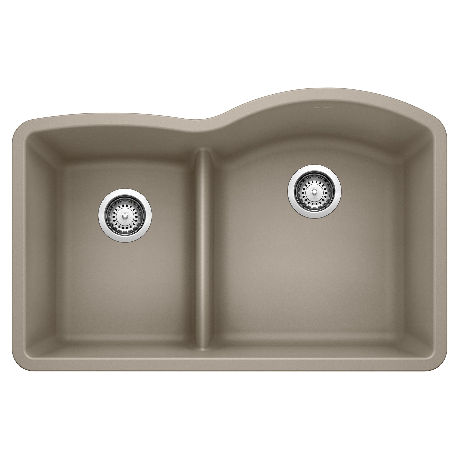 Truffle-colored undermount kitchen sink with two basins, low divider, and chrome drain strainers.