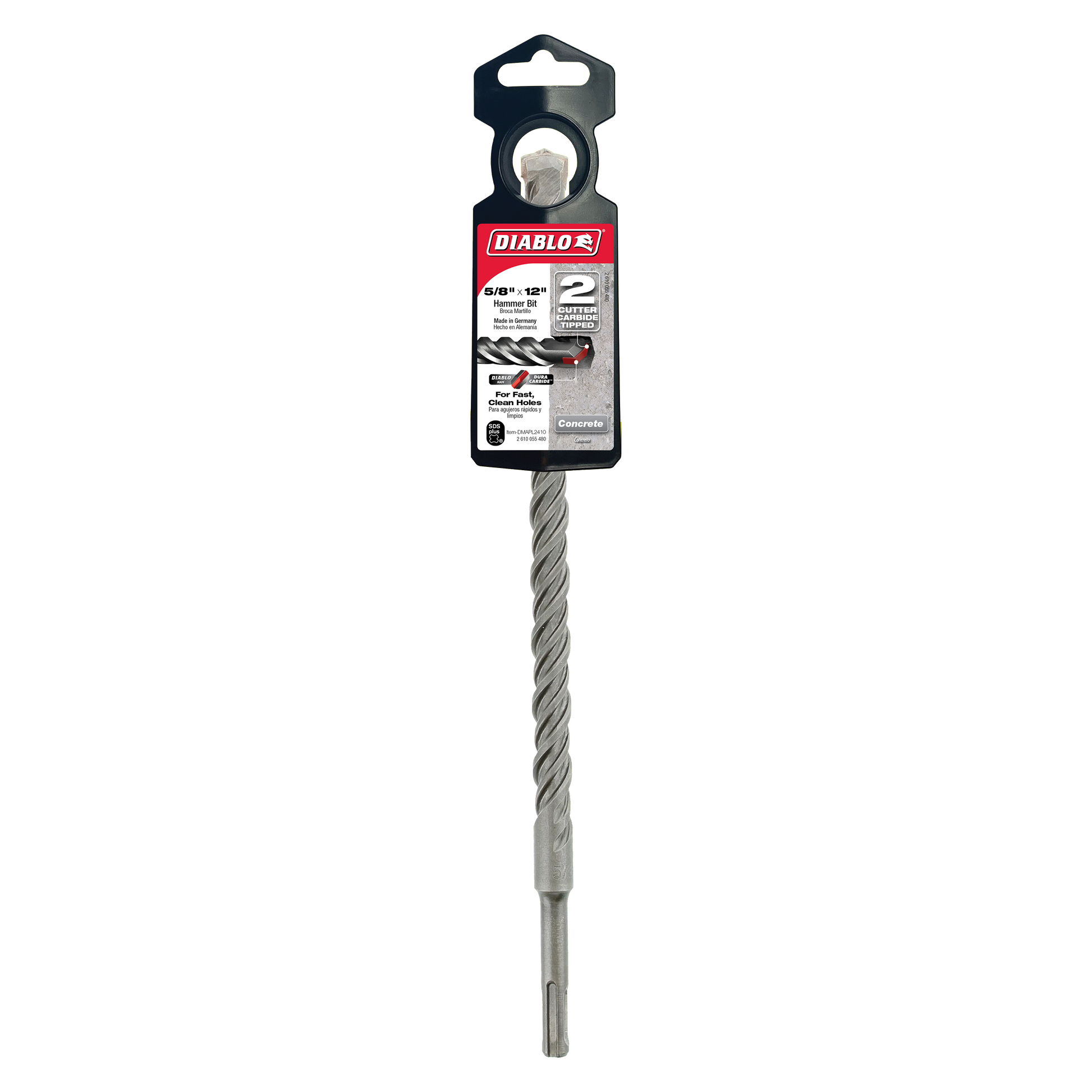 Diablo SDS-Plus 2-cutter masonry bit with spiral flutes and SDS-Plus shank in original packaging.