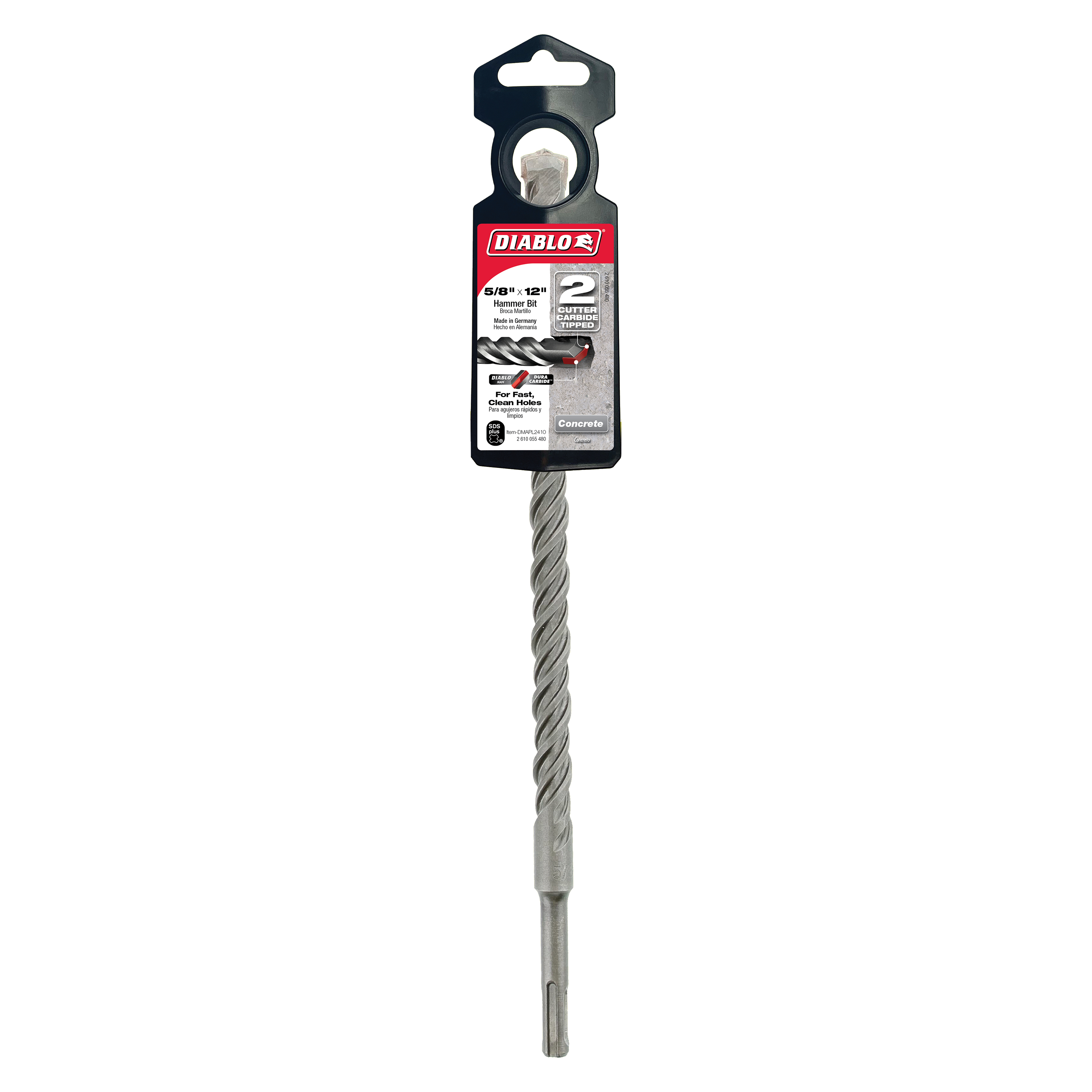 Diablo SDS-Plus 2-cutter masonry bit with spiral flutes and SDS-Plus shank in original packaging.