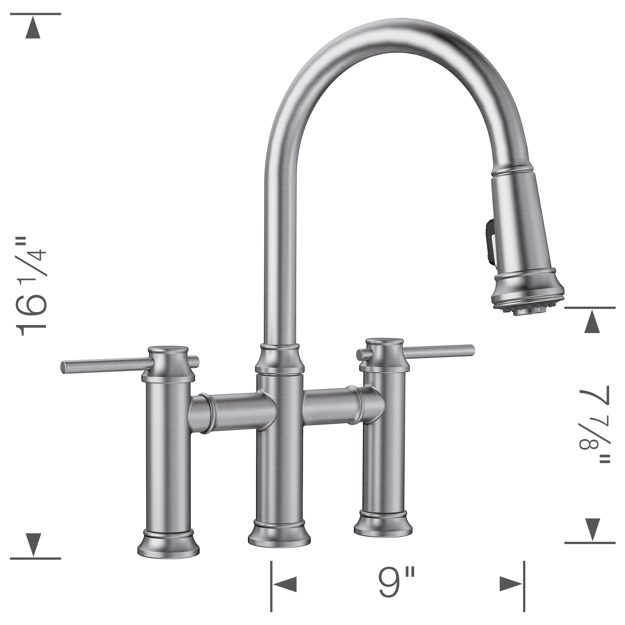 Stainless steel bridge kitchen faucet with high arched pull-down spout and dual lever handles.