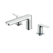 Polished chrome two-handle deck-mount roman tub filler with curved spout and separate lever handles.