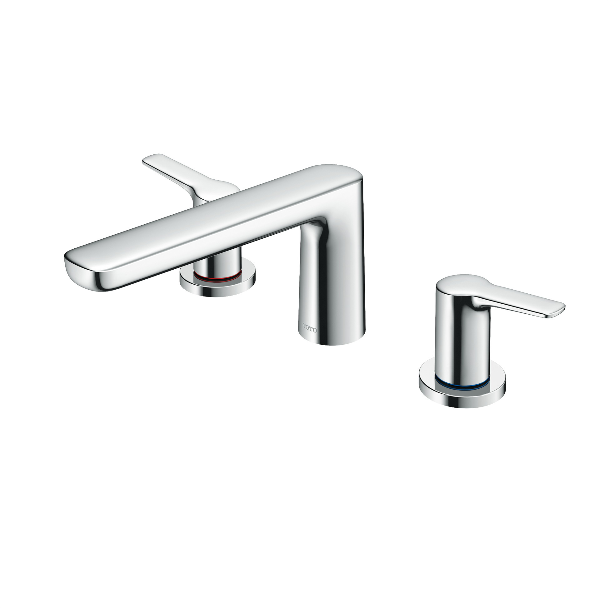 Polished chrome two-handle deck-mount roman tub filler with curved spout and separate lever handles.