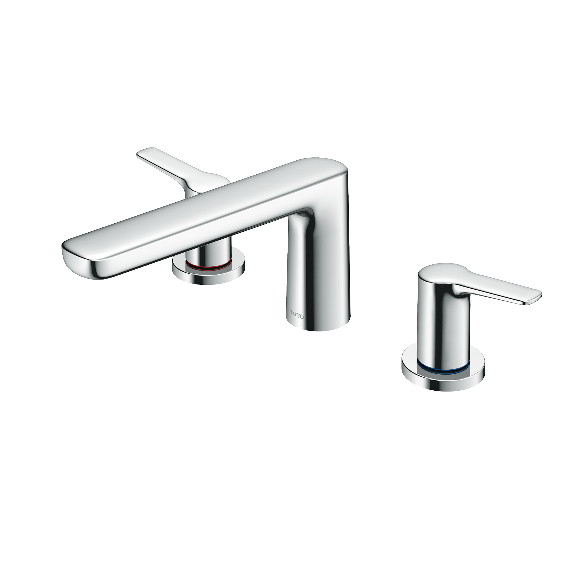 Polished chrome two-handle deck-mount roman tub filler with curved spout and separate lever handles.