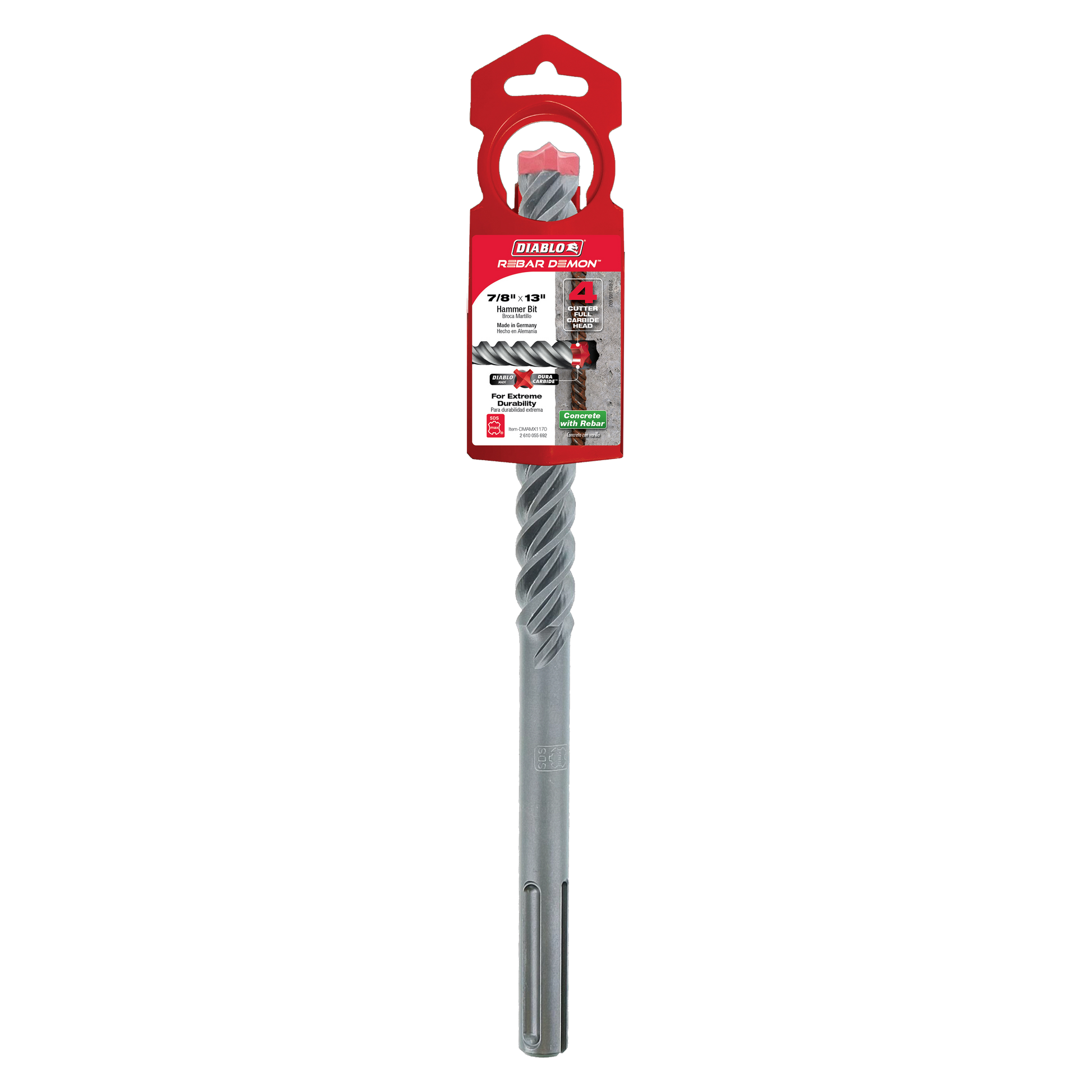 Diablo SDS-Max hammer drill bit with spiral flutes and carbide cutting head, attached to red packaging card.