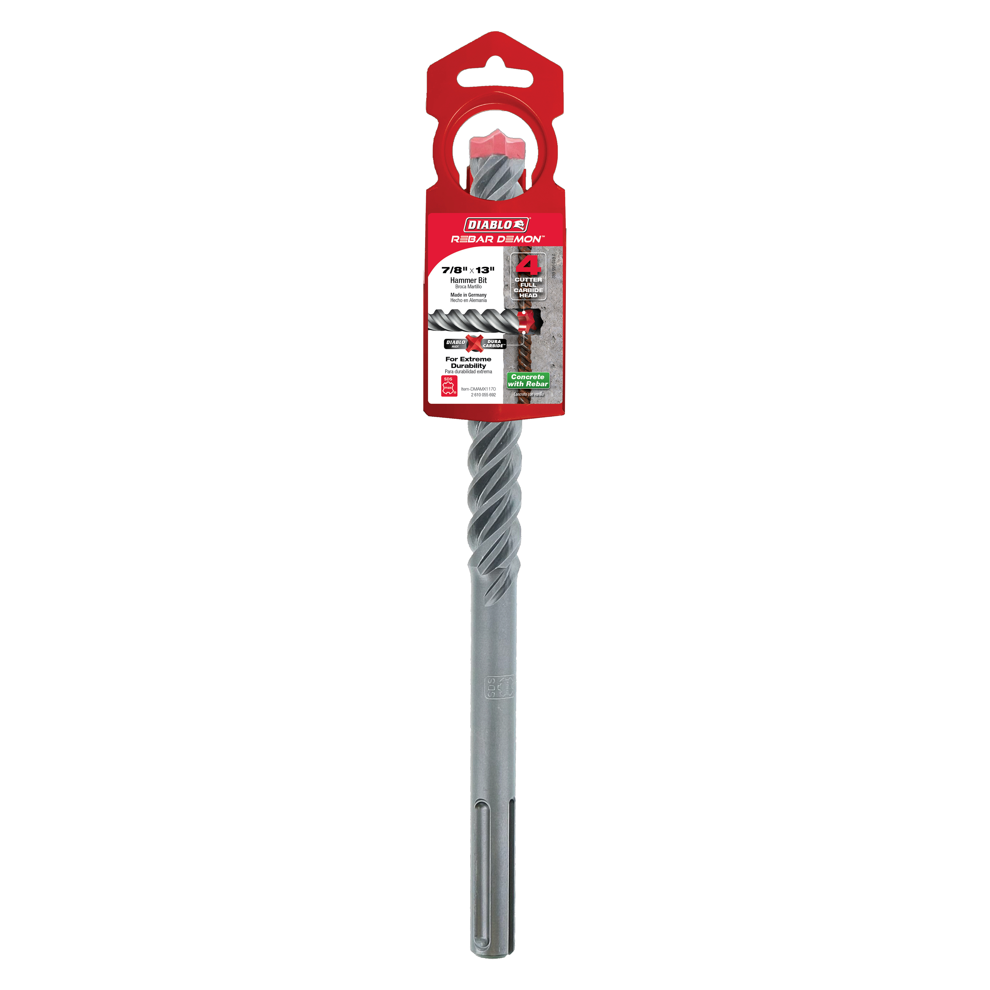 Diablo SDS-Max hammer drill bit with spiral flutes and carbide cutting head, attached to red packaging card.
