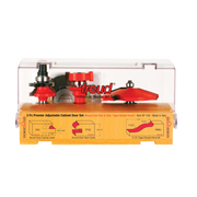 Three red router bits with metal shanks displayed in clear plastic case with yellow wooden base showing bit profiles and spec