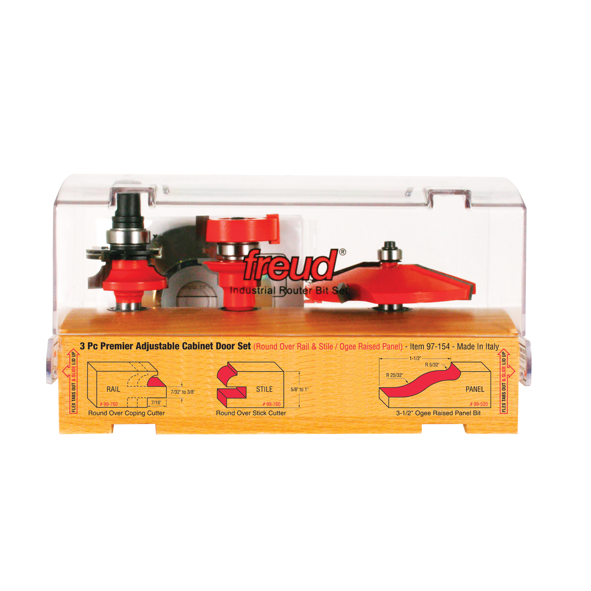 Three red router bits with metal shanks displayed in clear plastic case with yellow wooden base showing bit profiles and spec