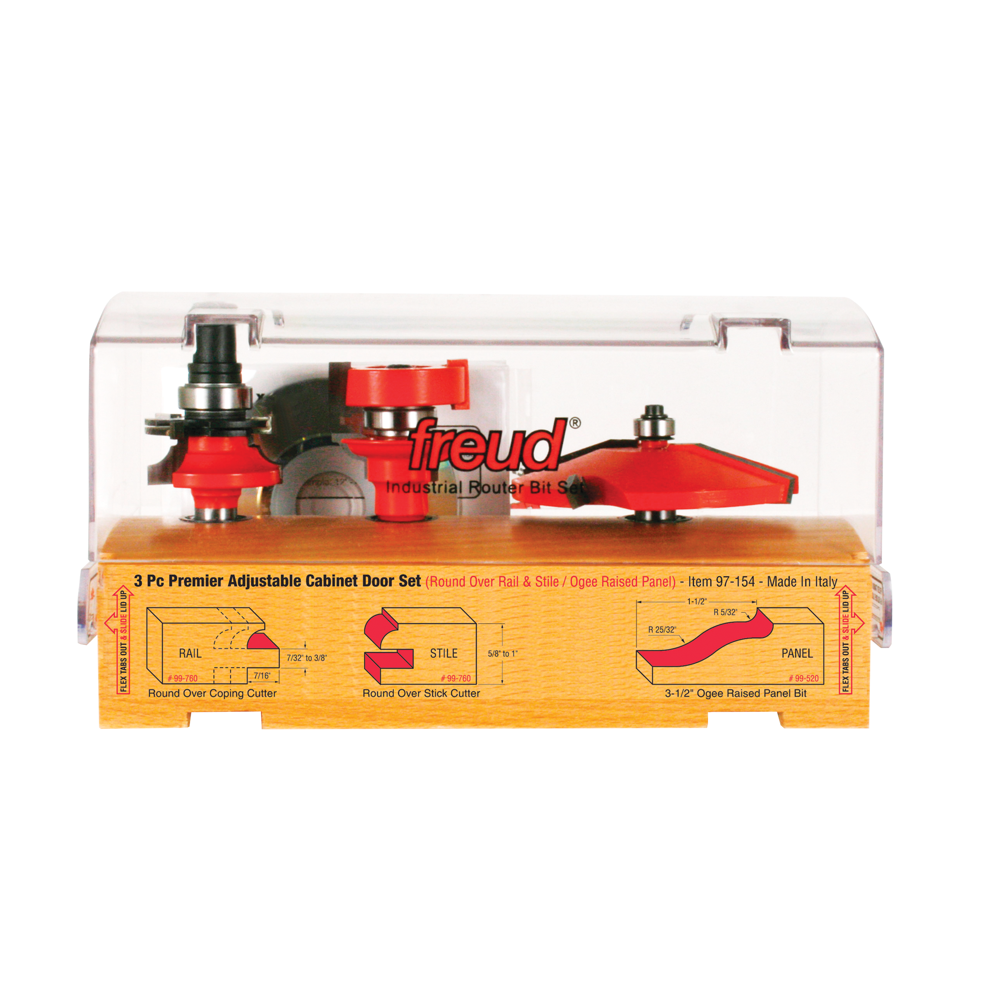 Three red router bits with metal shanks displayed in clear plastic case with yellow wooden base showing bit profiles and spec