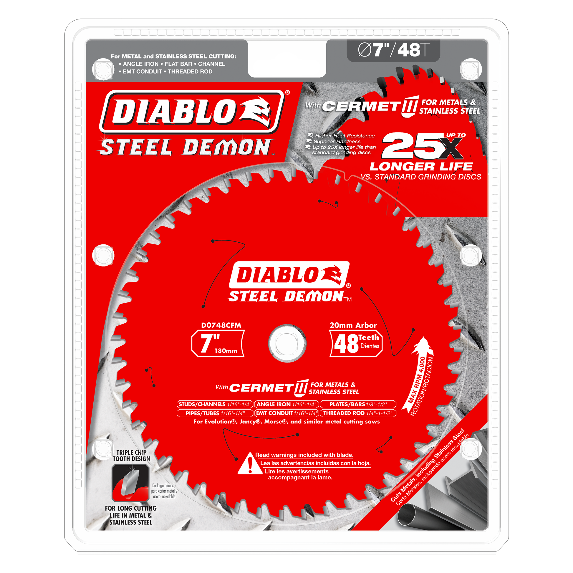 Diablo Steel Demon 7-inch red saw blade with 48 teeth and 20mm arbor hole for cutting metals and stainless steel.