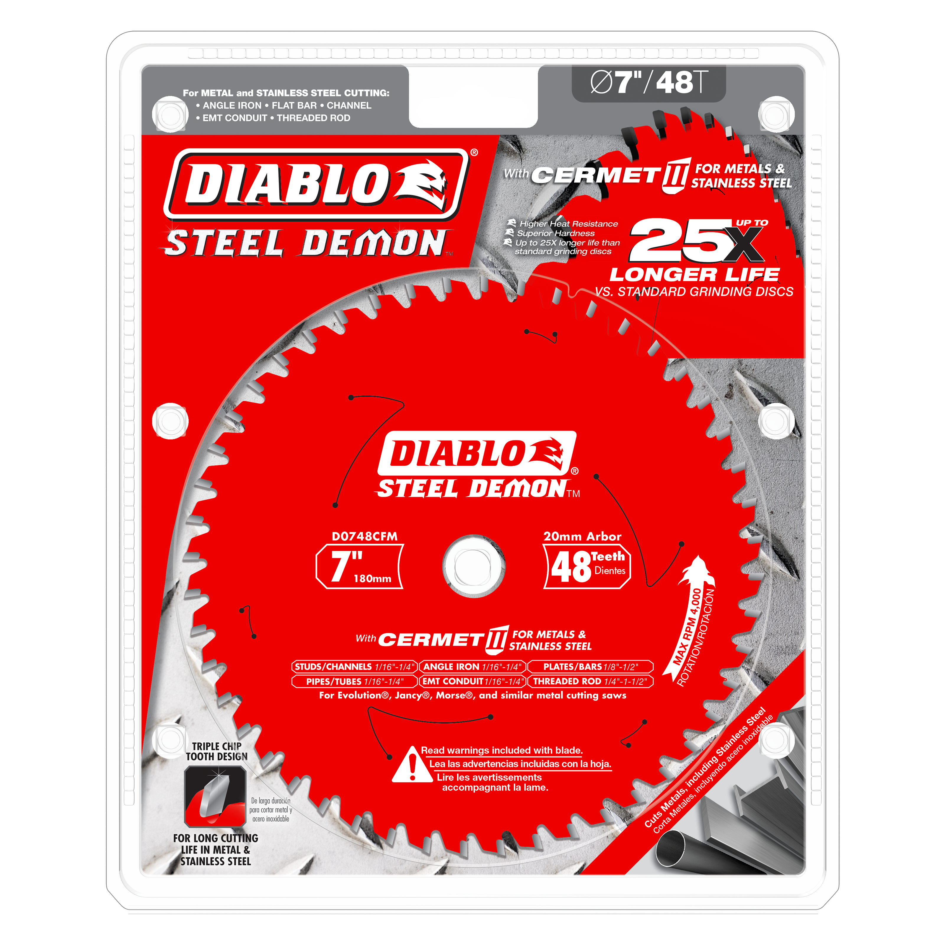 Diablo Steel Demon 7-inch red saw blade with 48 teeth and 20mm arbor hole for cutting metals and stainless steel.