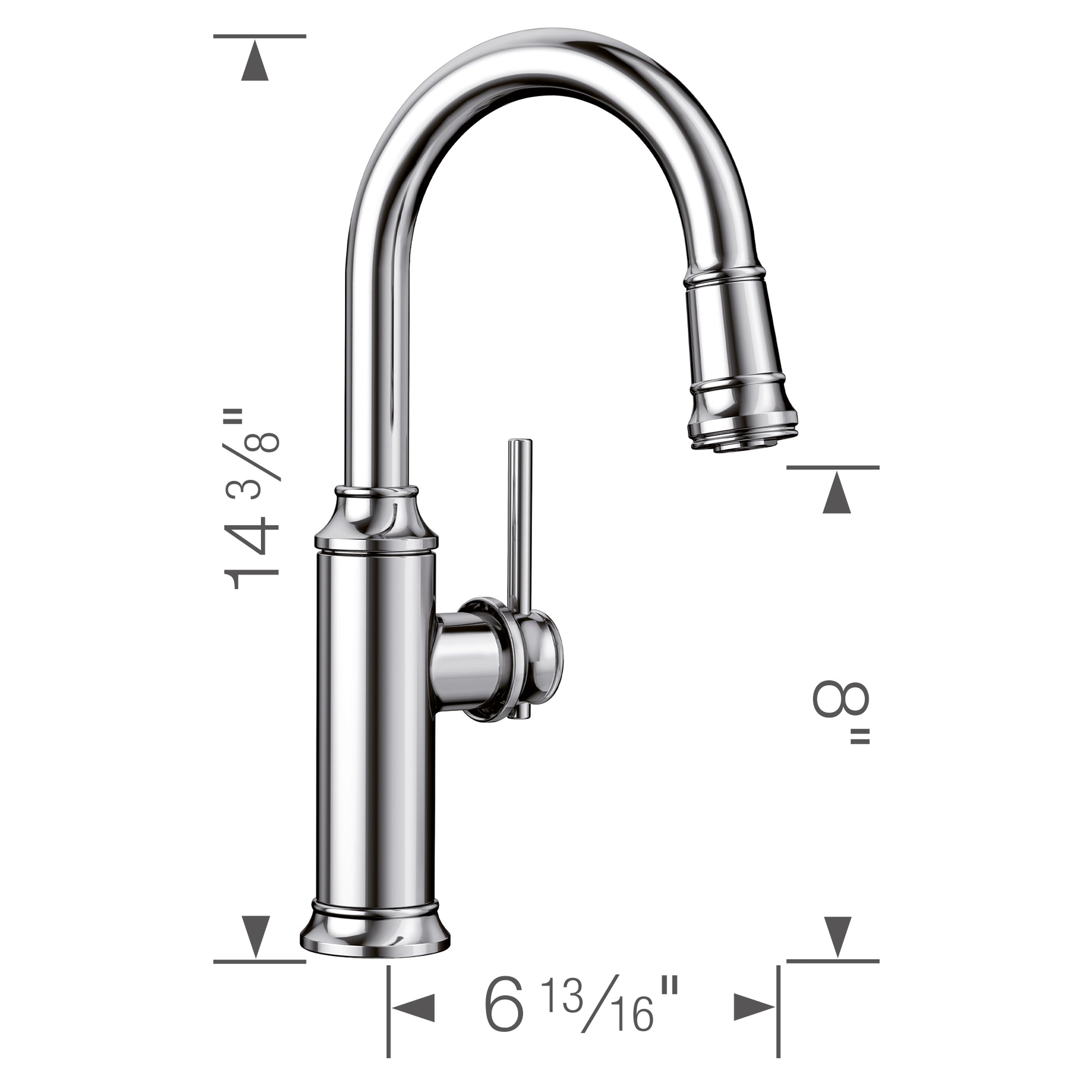 Chrome pull-down kitchen faucet with curved spout, single handle lever, and dimension measurements displayed.