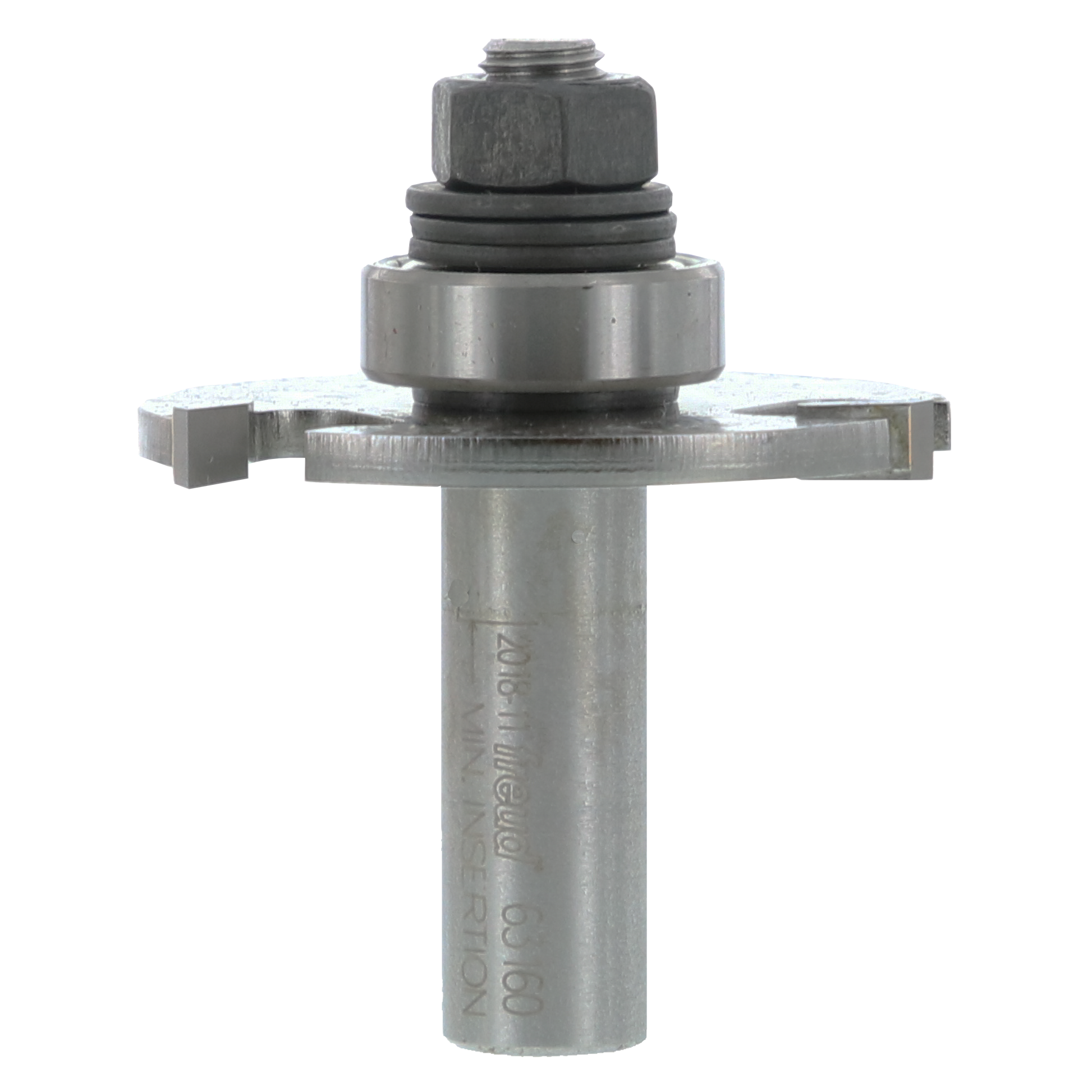 Steel slotting cutter with cylindrical shank, hex nut, and flat cutting blades extending from sides.