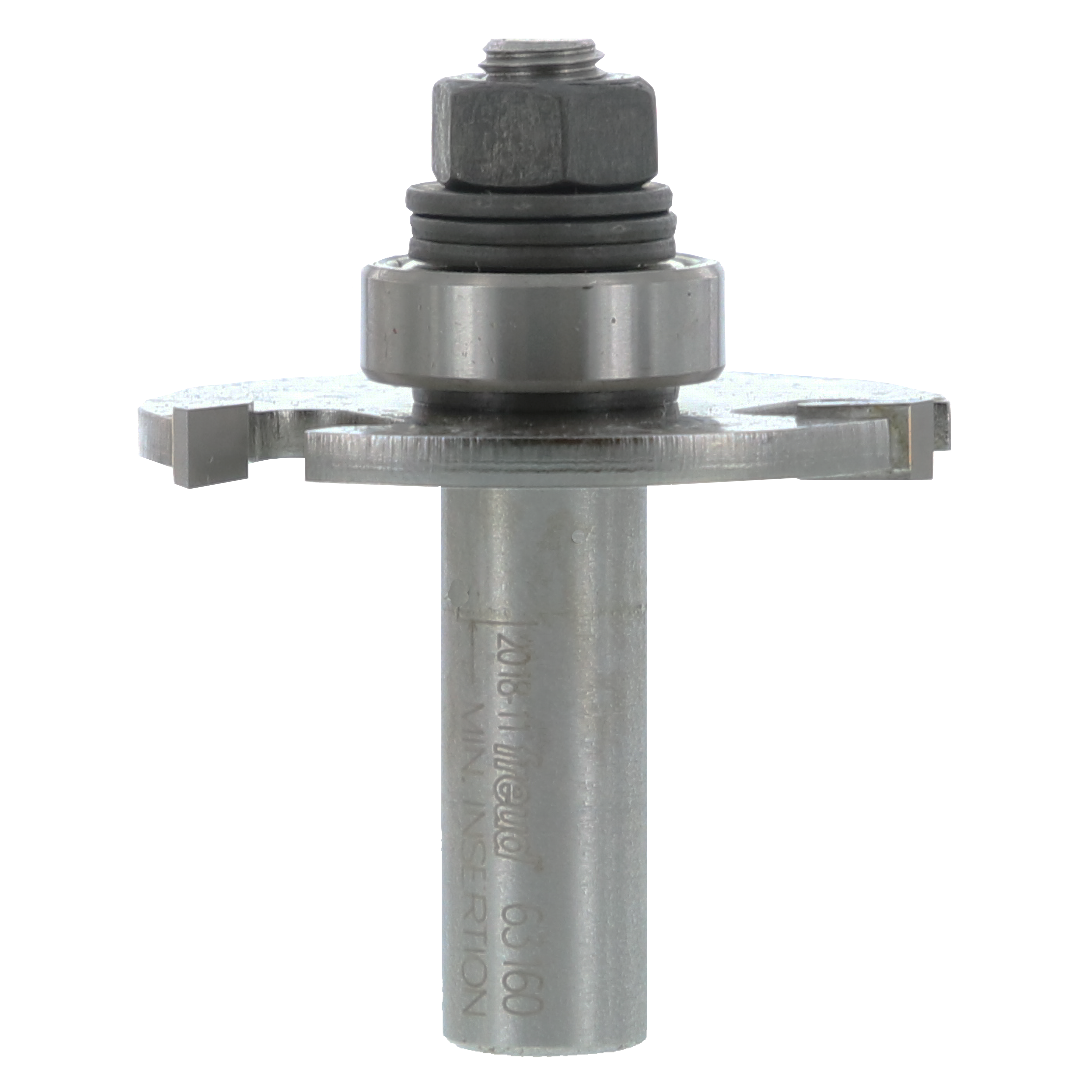 Steel slotting cutter with cylindrical shank, hex nut, and flat cutting blades extending from sides.